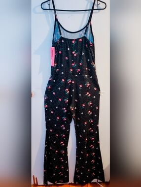 shosho Black Floral Polka Dot Maxi Dress with Pink Rose Accents